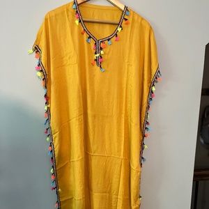 Moroccan bohemian kaftan dress-mustard yellow with multicolored tassels